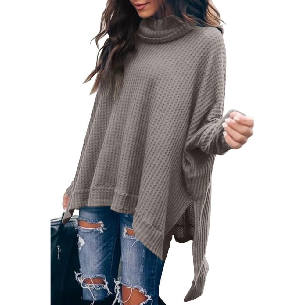 Caracilia Women Turtle Cowl Neck Long Batwing Sleeve Waffle Knit Khaki Gray L